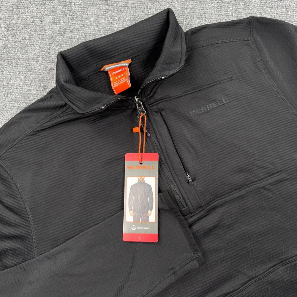 Merrell 1/4‎ Zip Pullover Size M Black Grid Fleece Moisture Wicking NWT Men's